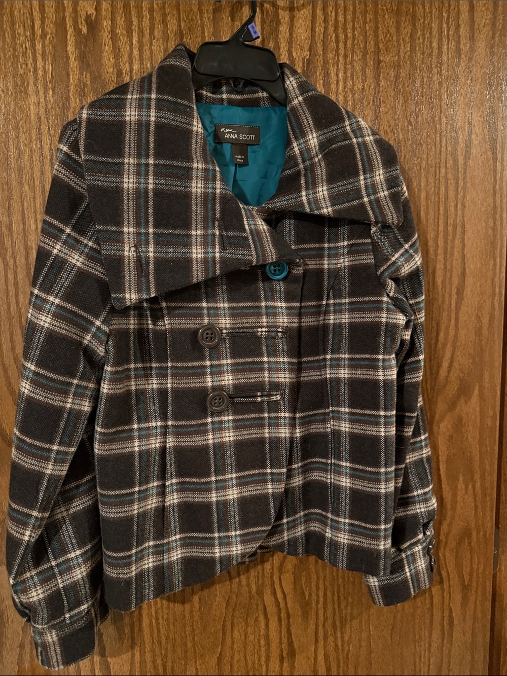Scott Plaid Peacoat in Black and Teal-Lined Interior